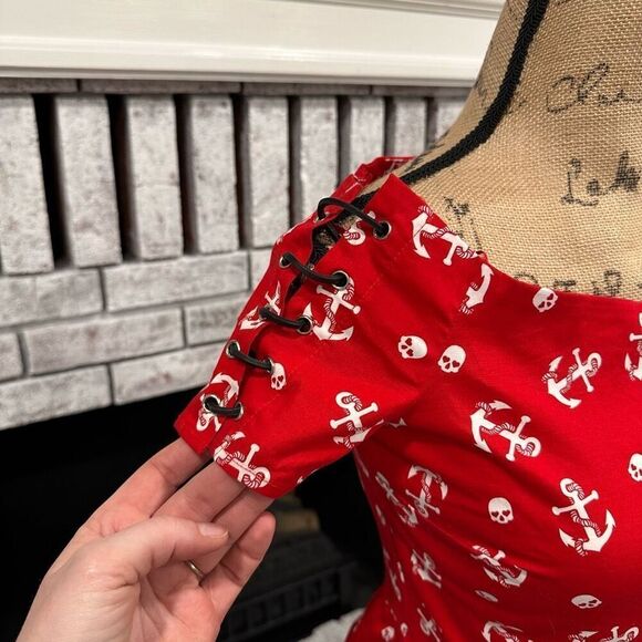 NWT Hot Topic Red Sailor Mini Dress Anchors & Skulls Medium Off Shoulder Lace Up - Picture 3 of 15